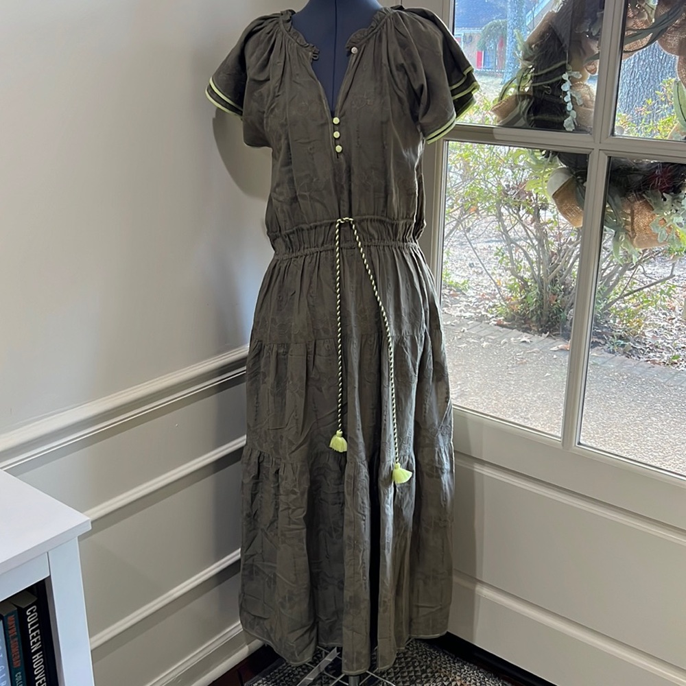 Anthropologie Olive Green Tiered Maxi Dress with Lime Trim